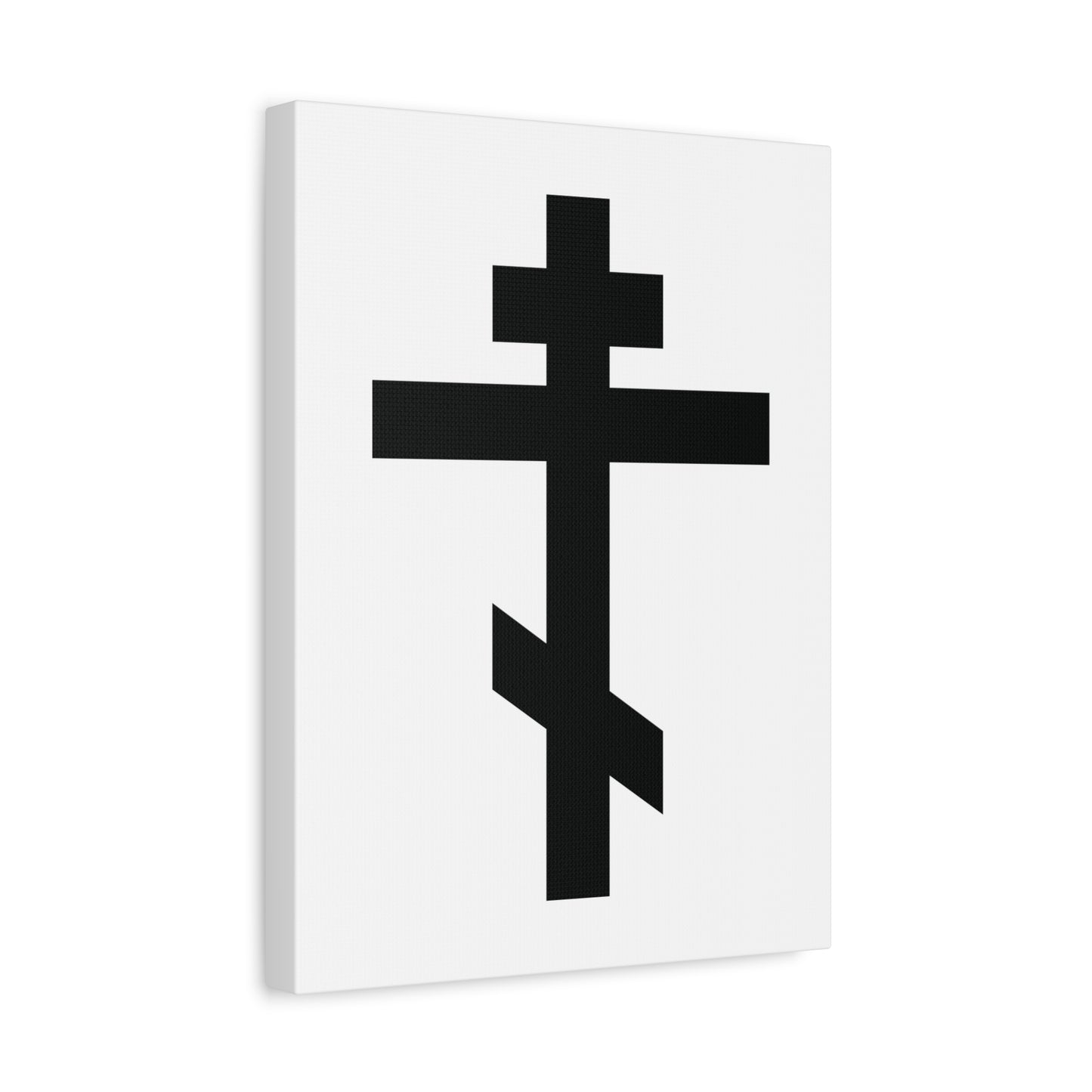 The Black Orthodox Cross White Background canvas art features three horizontal bars and the quote "May I never boast, except in the cross of our Lord Jesus Christ" (Gal 6:14), reflecting Orthodox Christian symbolism and heritage.