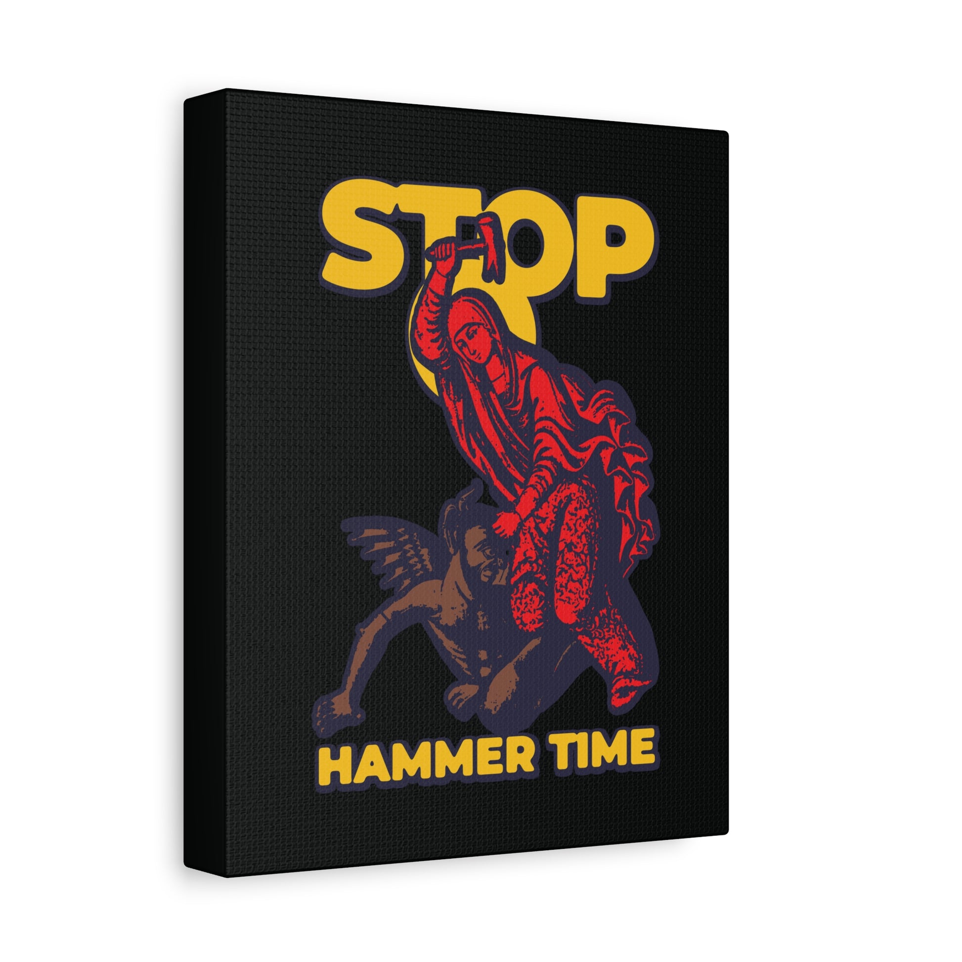 Modern Orthodox meme wall art featuring St Marina of Antioch beating the devil with a hammer on horseback, with bold yellow "STOP, HAMMER TIME" text—Christian decor in red, blue, and yellow.