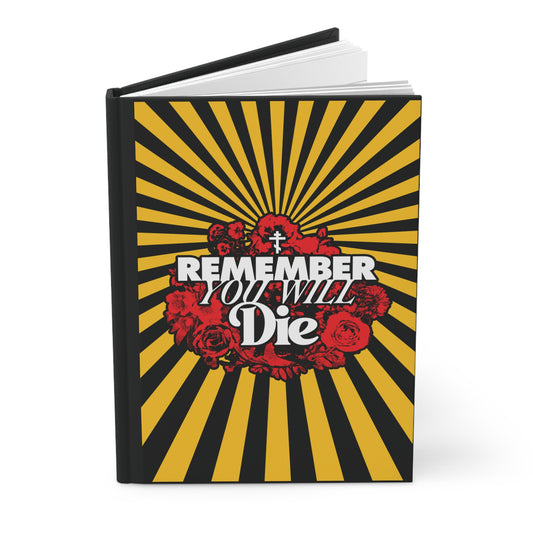 Remember You Will Die Red & Yellow Pop Art Design | Orthodox Cross | Memento Mori | Roses & Rays | Orthodox Christian Hardcover Journal
