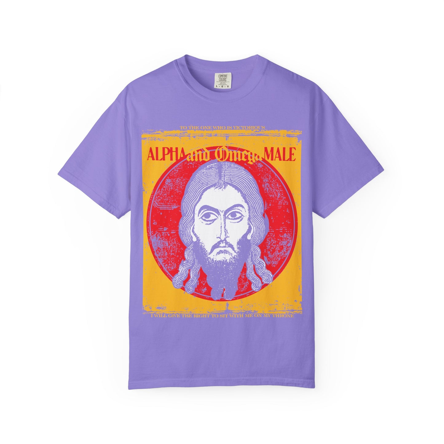 Violet Alpha & Omega Male unisex heavyweight cotton tee featuring a graphic inspired by the Image of Edessa, with a serious face against a red and yellow background and the text: “ALPHA” and “Omega MALE”—a design drawing from the Alpha and Omega theme in Revelation scripture about Jesus Christ.