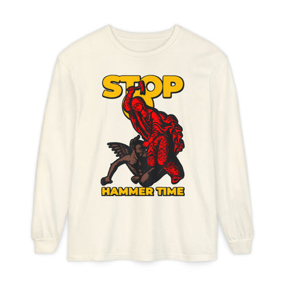 This white long-sleeve shirt, “St Marina of Antioch Beating the Devil with a Hammer,” features a bold red, blue, and yellow design—a modern Orthodox meme with “STOP, HAMMER TIME” sure to stand out.