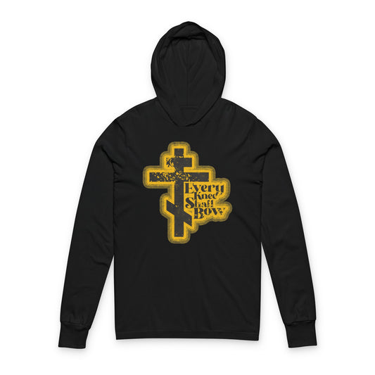Black "Every Knee Shall Bow" hoodie featuring a 70s distressed halftone comic book design, inspired by Philippians 2:10-11 and Isaiah 45:23. Orthodox Christian hooded shirt.