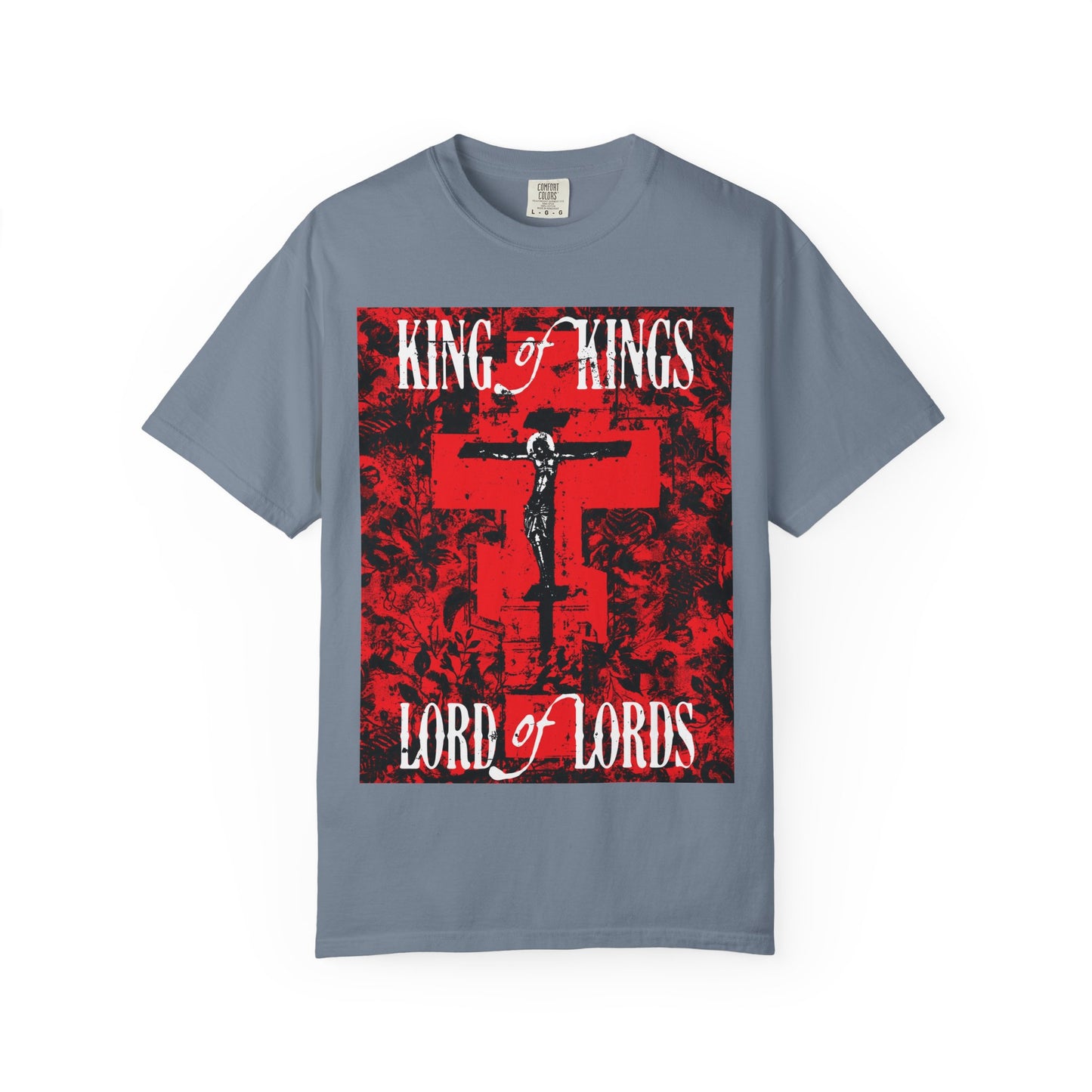 King of Kings, Lord of Lords | Christ Crucified Icono-Graphic | Red Cross Nature Texture w/ White Text | Heavyweight Cotton Unisex Tee