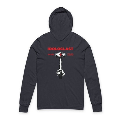 Heather navy hooded shirt featuring 'IDOLOCLAST' in bold red and a graphic of Jesus’ fist gripping a sledgehammer; a Christian asceticism symbol with ICXC NIKA—break free from your passions with this Orthodox design.