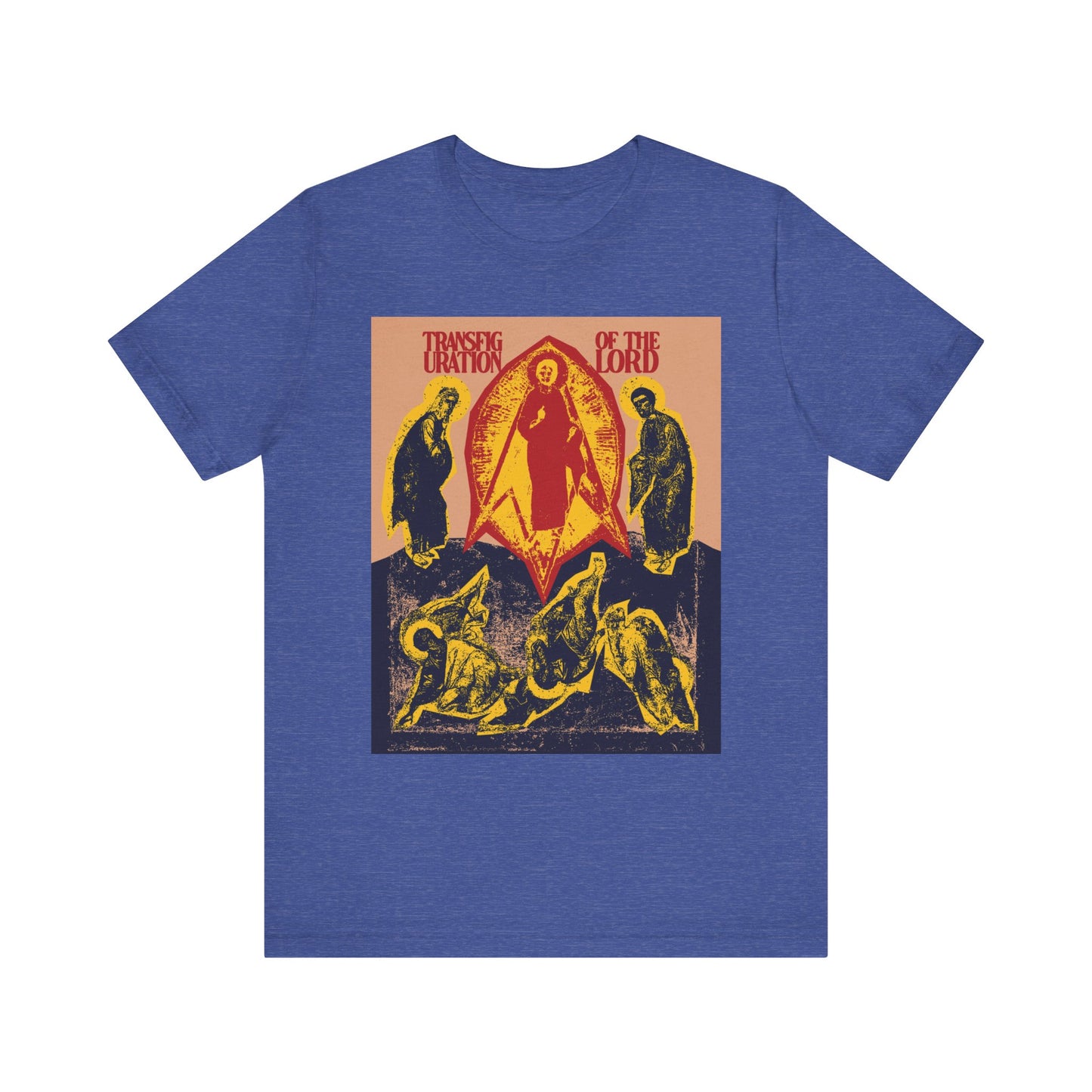 Heather True Royal tee with a punk zine cut-out aesthetic features Orthodox Christian “Transfiguration of the Lord” icono-graphic, inspired by Christ’s Transfiguration and the Troparion, on lightweight cotton. Unisex fit.