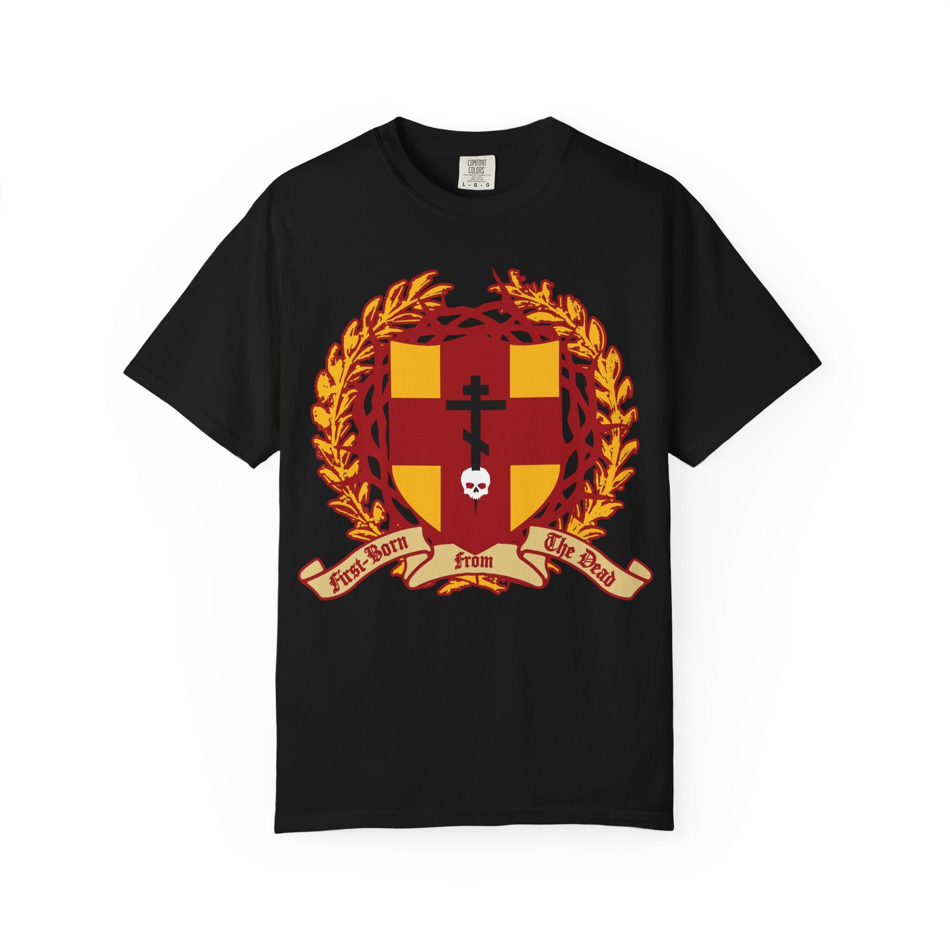 Step out in bold faith with the “First-Born from the Dead (Col 1:18)” heavyweight unisex t-shirt. This black shirt features a heraldic shield emblazoned with an Orthodox cross stabbing a skull, laurel leaves, and a crown of thorns, all beneath a striking “First-Born from the Dead” banner—symbolizing redemption through His blood, inspired by Colossians 1:18.