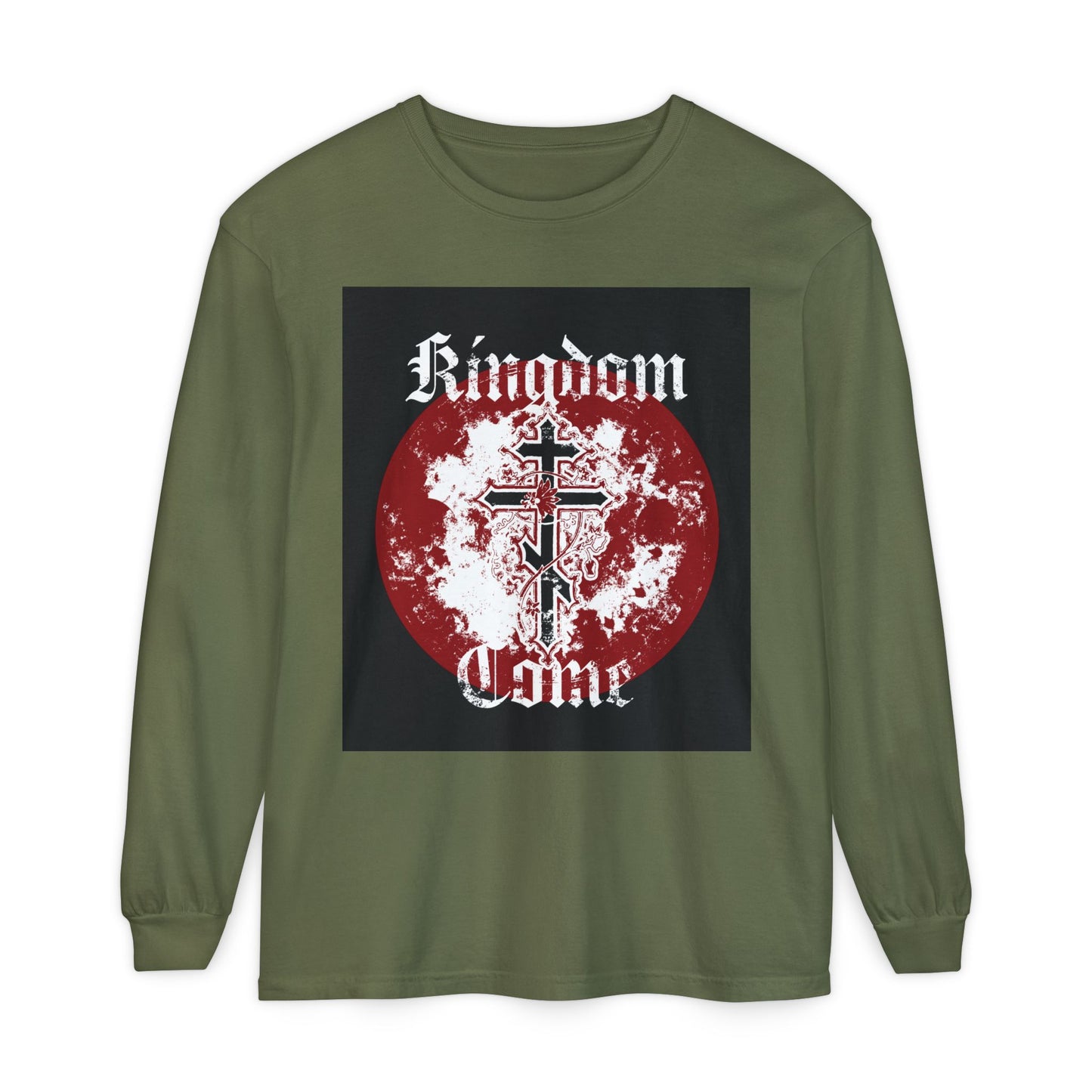 Kingdom Come | Lord's Prayer | Orthodox Cross with Vine | Textured Gothic Font | Orthodox Long Sleeve Cotton Shirt