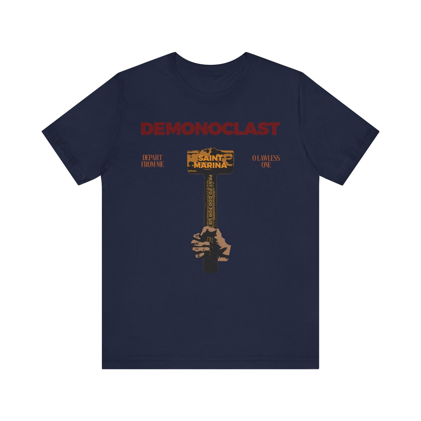 Navy lightweight cotton unisex tee featuring "DEMONOCLAST" and a NIKA fist with golden cross— inspired by St. Marina's hammer & martyrdom, emblazoned with "Christ Conquers" and "Unseen Warfare.