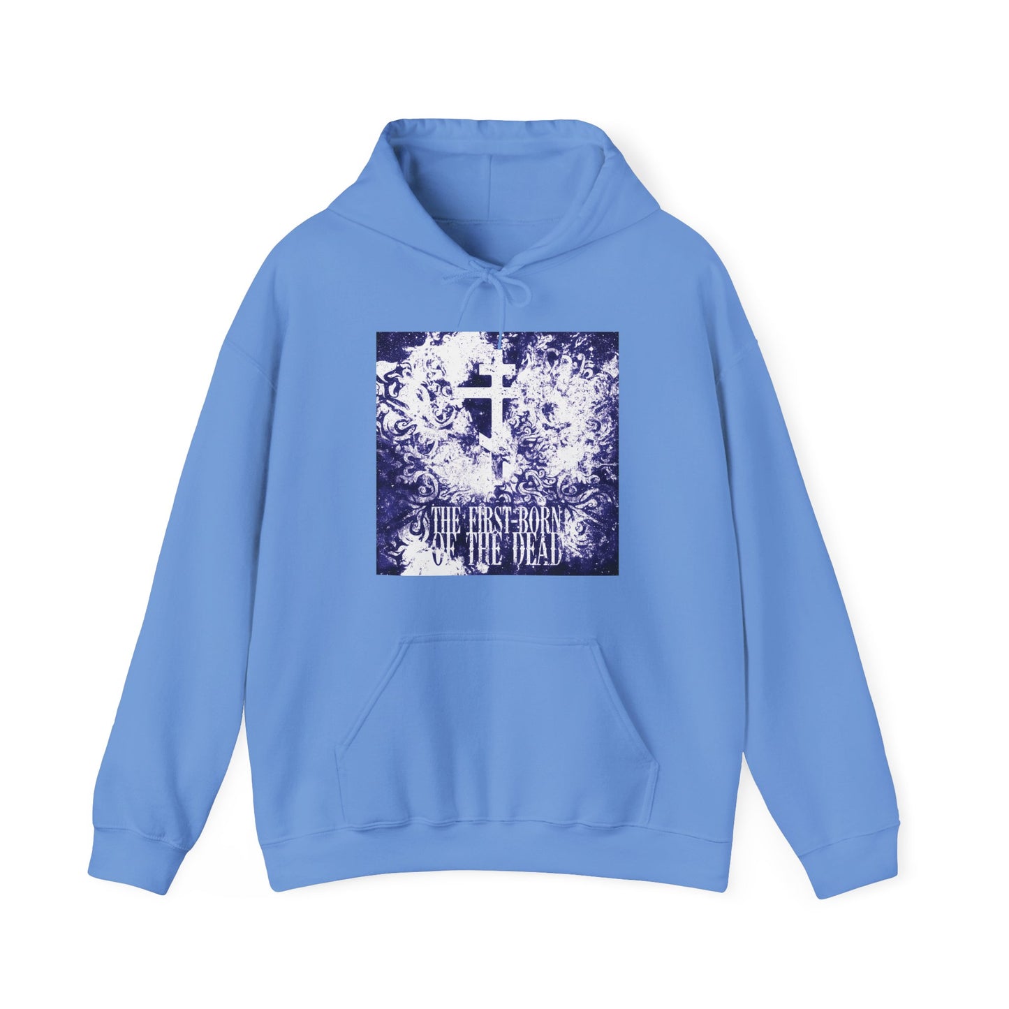Carolina blue hoodie featuring a glowing white & blue textured cosmic Orthodox cross and "The First-Born of the Dead" text—a tribute to Christ’s resurrection and apocalypse.