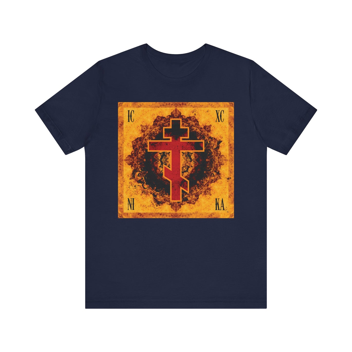 Navy lightweight cotton unisex T-shirt featuring an ornate bright orange and red Orthodox cross (ICXC NIKA) on a distressed yellow square background, with Greek letters in the corners—representing the Elevation of the Precious Cross.