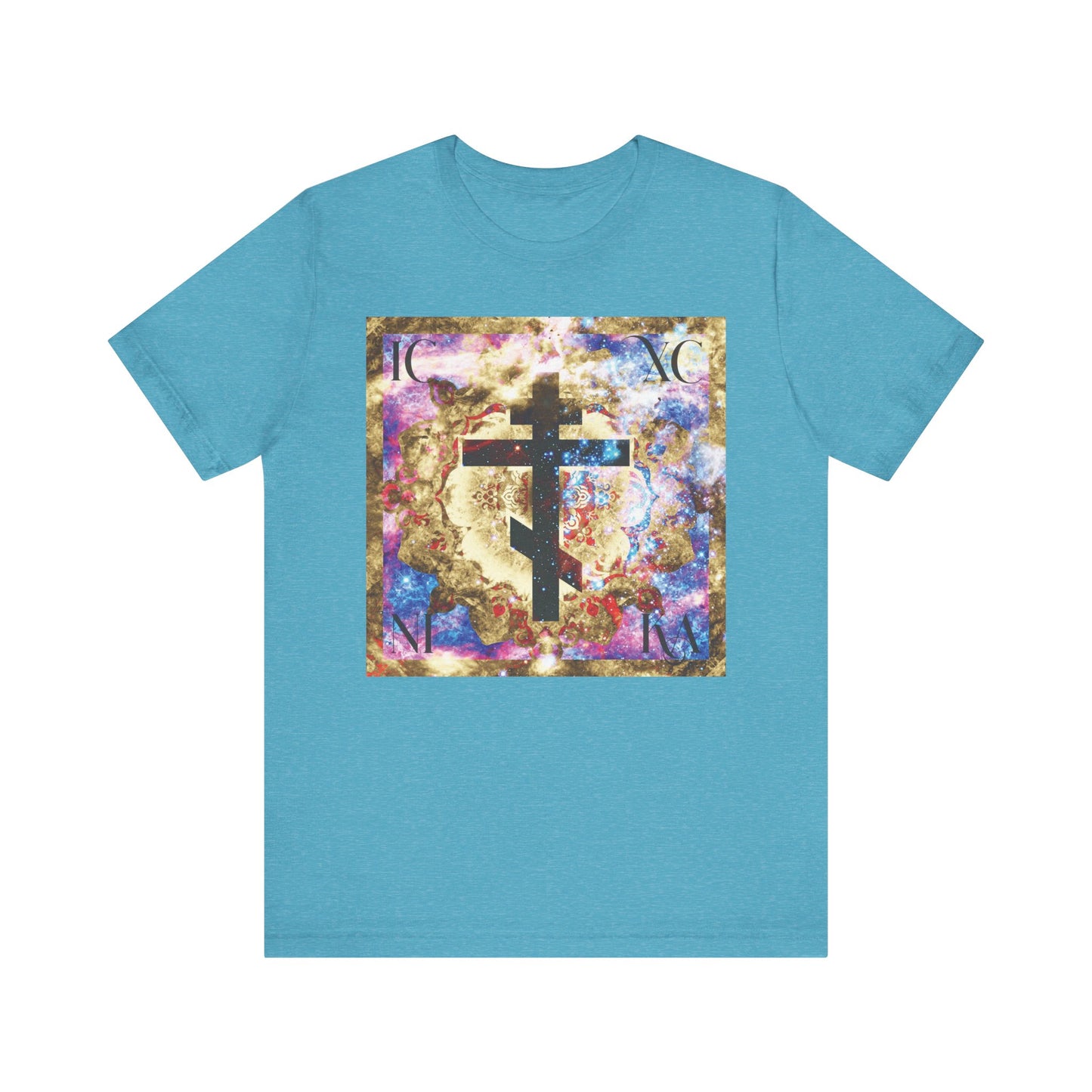 Heather aqua t-shirt featuring the ICXC NIKA gold and blue cosmic textured cross design, symbolizing the power of the Cross and deliverance from evil inspired by the faith of St. John of Kronstadt; made from lightweight cotton and suitable for all.