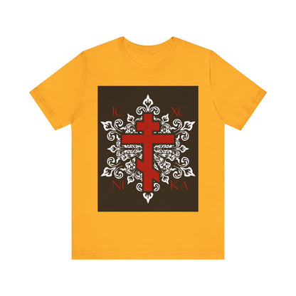 ICXC / NIKA Red Orthodox Cross on Ornate White Medieval Floral Design | Exclusive Best-Selling Orthodox Christian T-Shirt