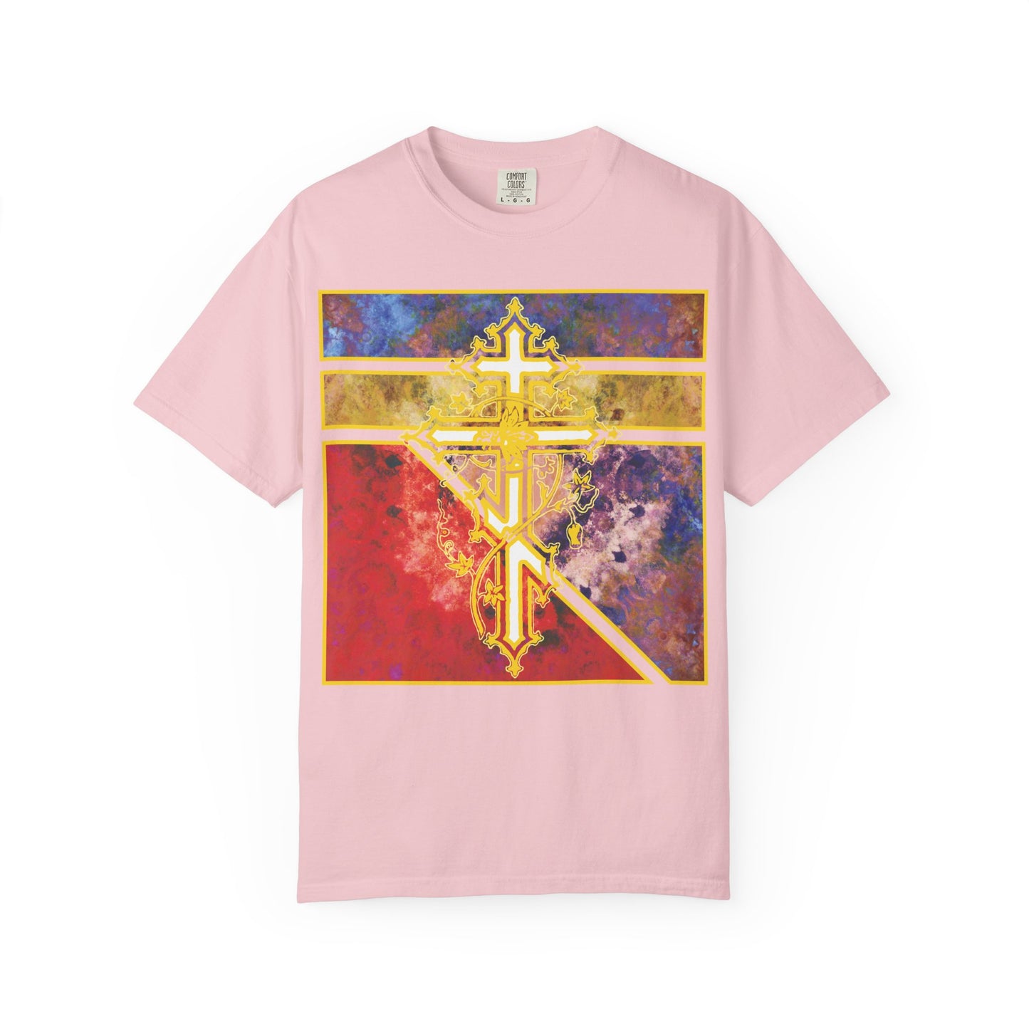 Blossom-colored heavyweight cotton unisex t-shirt featuring an ornate Orthodox cross with vine detailing and a textured geometric pattern, inspired by the life-giving Cross celebrated in the Prayer to the Venerable Cross.