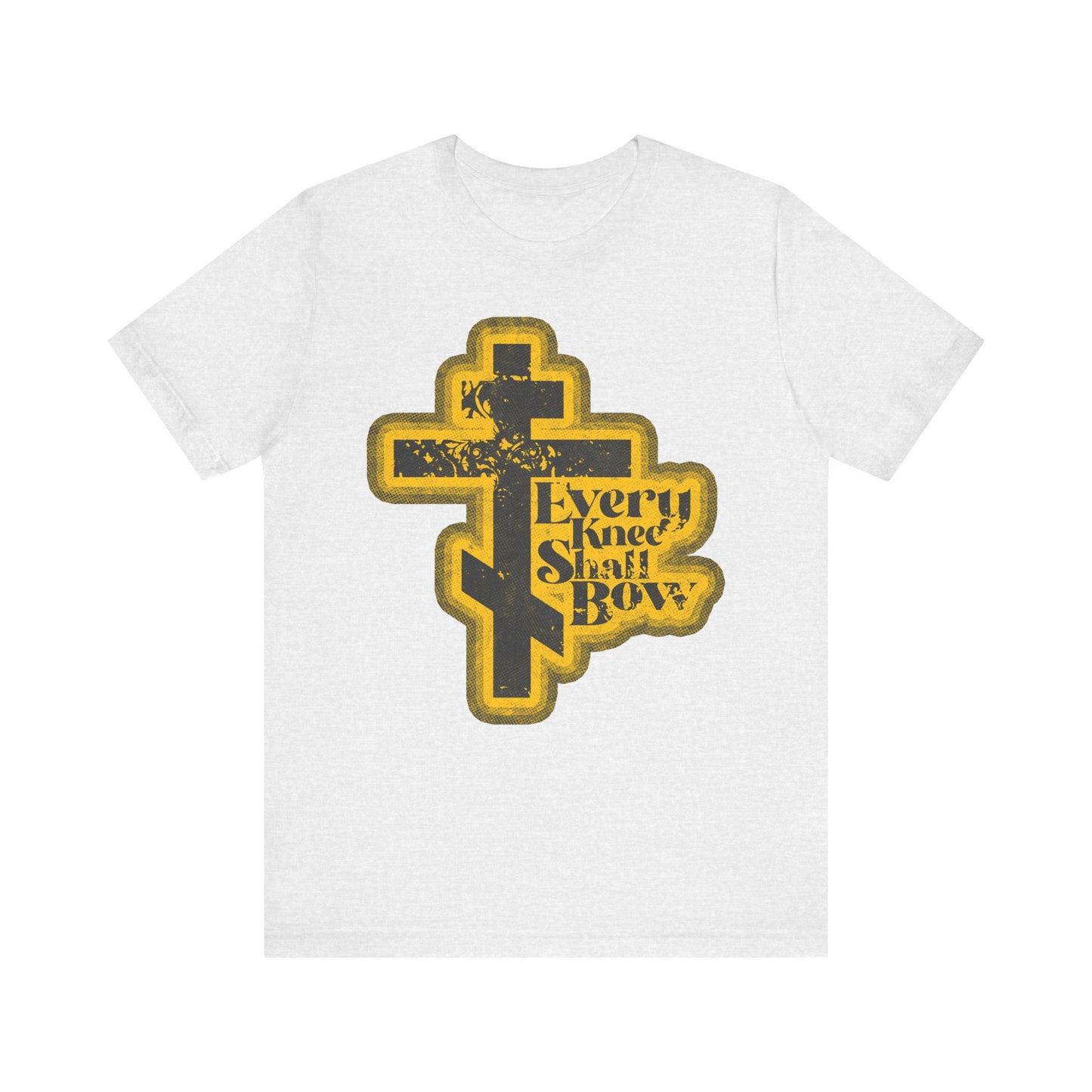 Ash tee featuring a yellow Orthodox cross and "every knee shall bow" in distressed black text, inspired by Philippians 2:10-11 & Isaiah 45:23. 70s halftone comic book style on lightweight cotton unisex shirt.