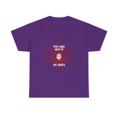 Purple heavy cotton t-shirt featuring a red and white icono-graphic of Christ's face, the text “And night shall be no more” (Rev 22:5), and a bold sunburst. Orthodox Christian design.
