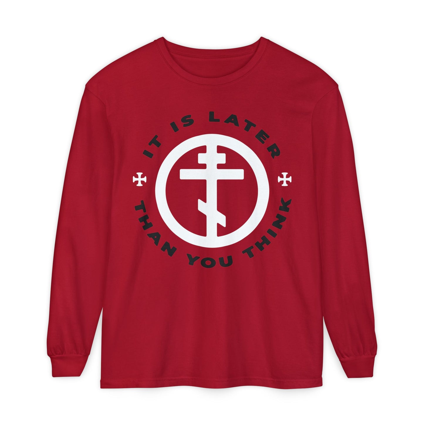 Red long-sleeve "It Is Later Than You Think" shirt, featuring an Orthodox cross in a circle, inspired by Fr. Seraphim Rose and the call in Romans 13:10-12 to put on the armor of light.