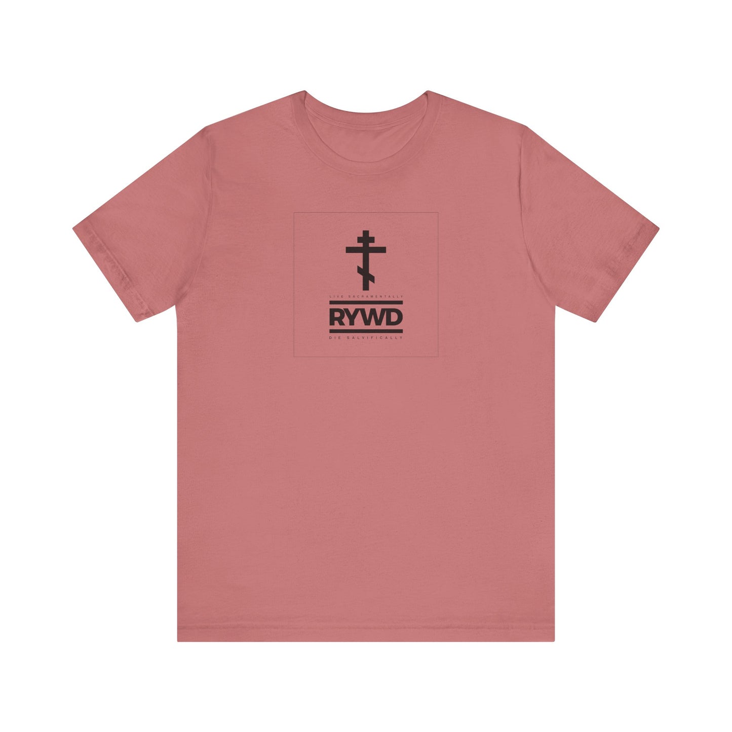 Mauve lightweight cotton unisex tee featuring a minimalist black Orthodox cross and “RYWD” (Remember You Will Die) logo at the center chest, inspiring you to live sacramentally and reflect on deeper meanings.