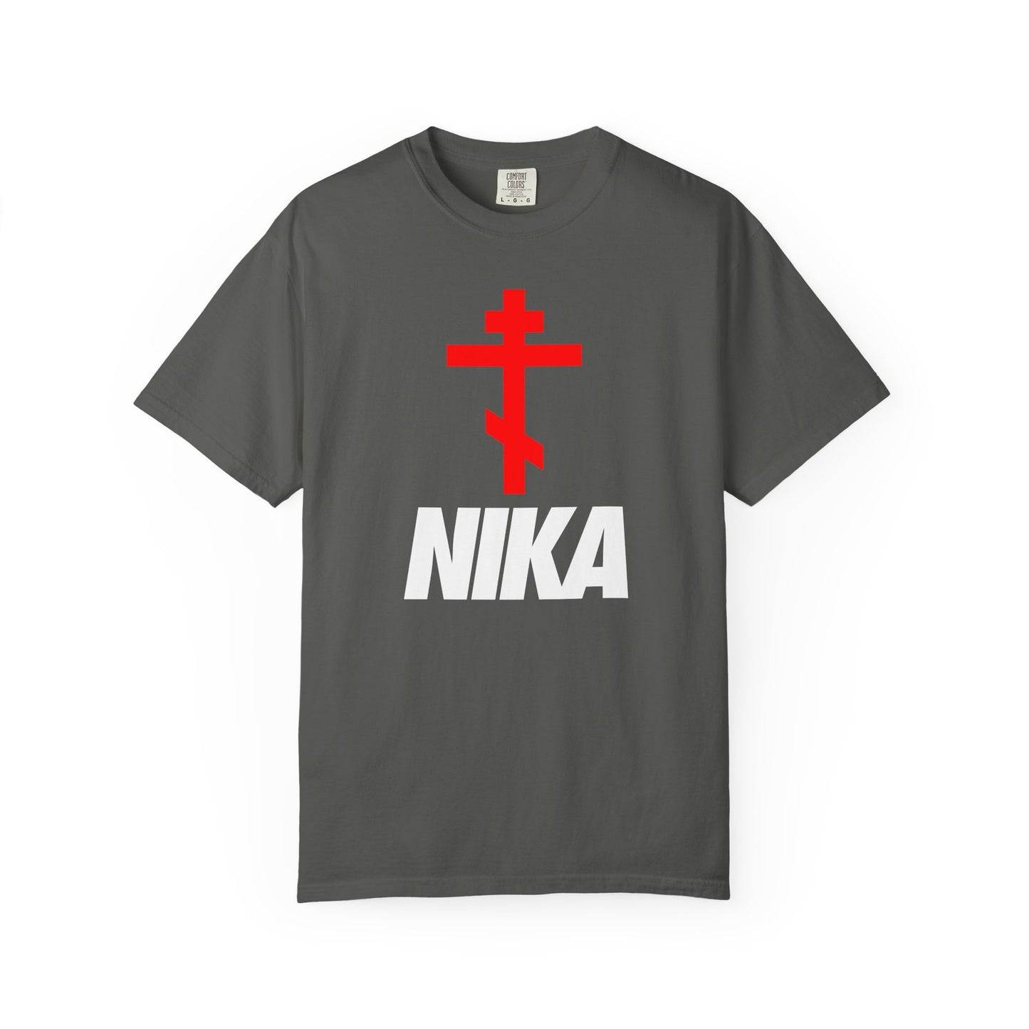 Pepper-colored heavyweight cotton tee featuring a minimalist Orthodox cross and bold white NIKA text in a unique Nike logo mashup—blending athletic ascetic fashion with symbolic victory.