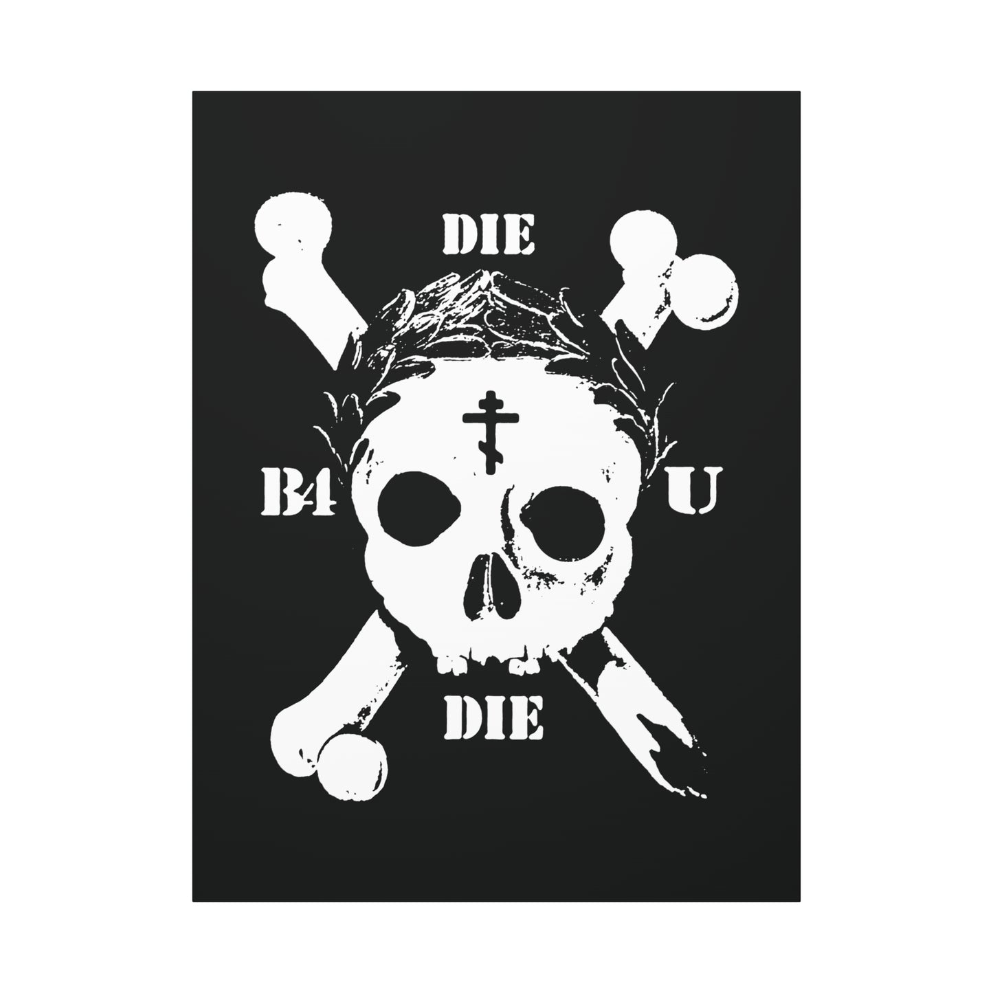 The Die Before You Die Retro Skull & Crossbones wall art features an Orthodox cross, laurel wreath, and Memento Mori design—a bold ascetic Christian reminder to take up your cross and follow Christ (Matthew 16:24-25).