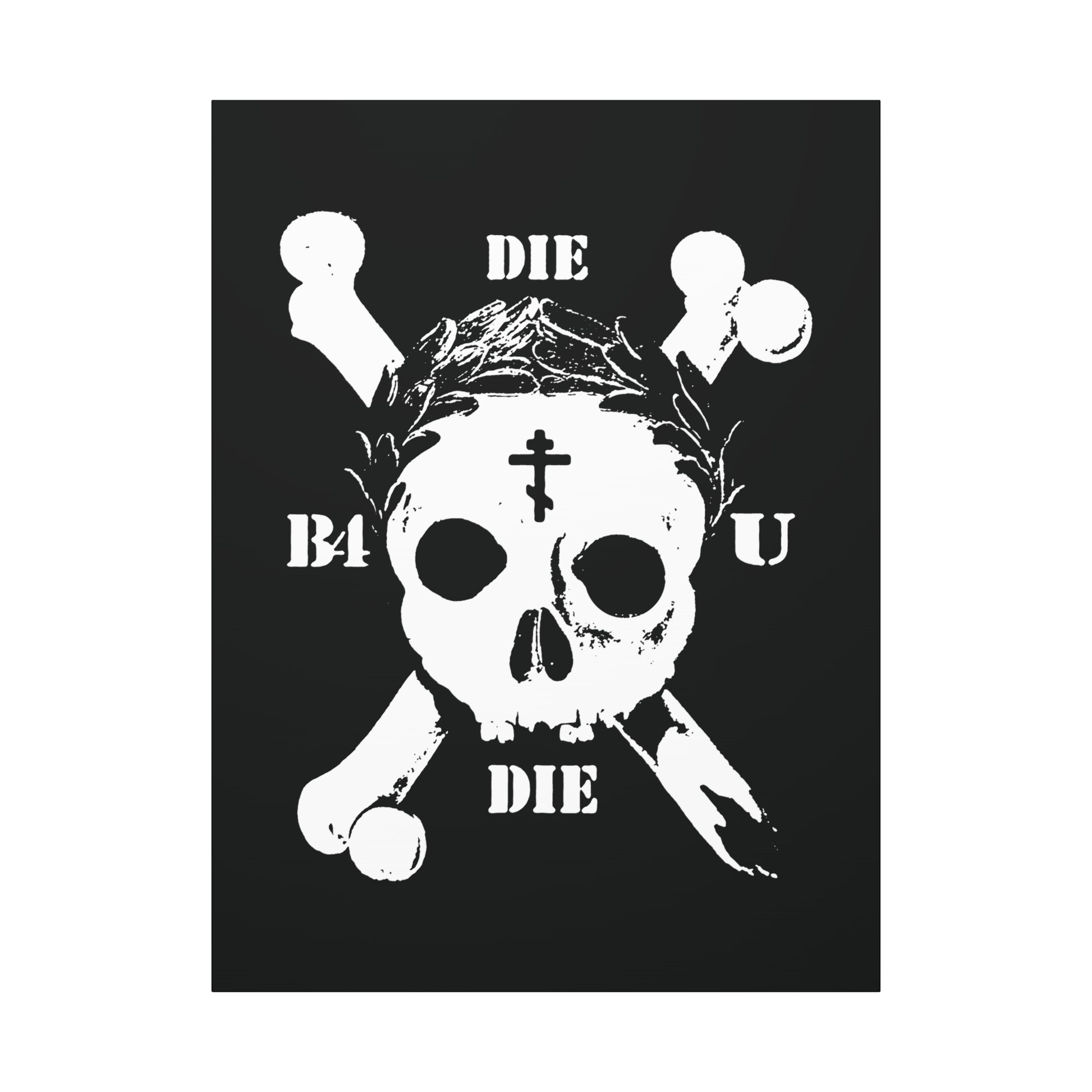 The Die Before You Die Retro Skull & Crossbones wall art features an Orthodox cross, laurel wreath, and Memento Mori design—a bold ascetic Christian reminder to take up your cross and follow Christ (Matthew 16:24-25).