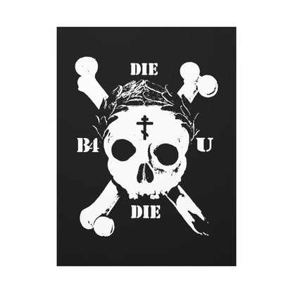The Die Before You Die Retro Skull & Crossbones wall art features an Orthodox cross, laurel wreath, and Memento Mori design—a bold ascetic Christian reminder to take up your cross and follow Christ (Matthew 16:24-25).