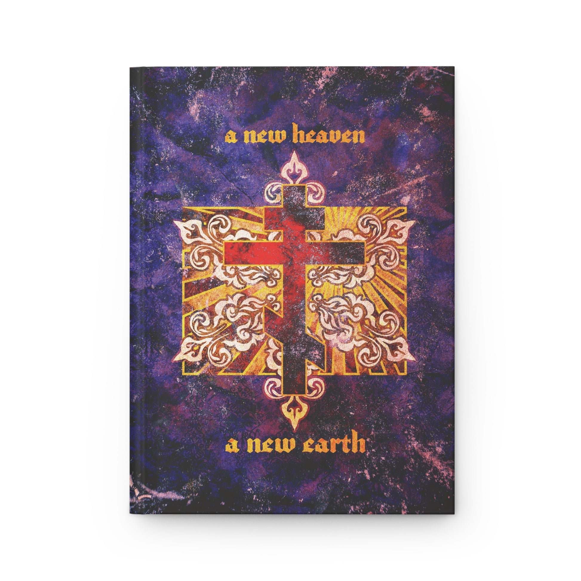 Red Orthodox Cross on textured ornate background with "a new heaven and a new earth" on the cover, inspired by the KJV vision of New Jerusalem. Apocalyptic Orthodox Christian hardcover journal.