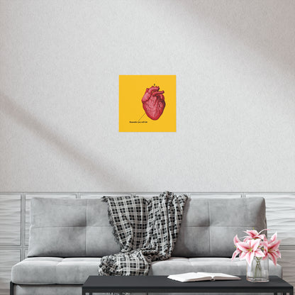 A gray sofa with a plaid throw, a pink vase, and the "Remember You Will Die" retro heart art poster featuring an Orthodox Cross prompt reflection—a quiet moment of repentance, as if whispering, “save me O Lord.”.