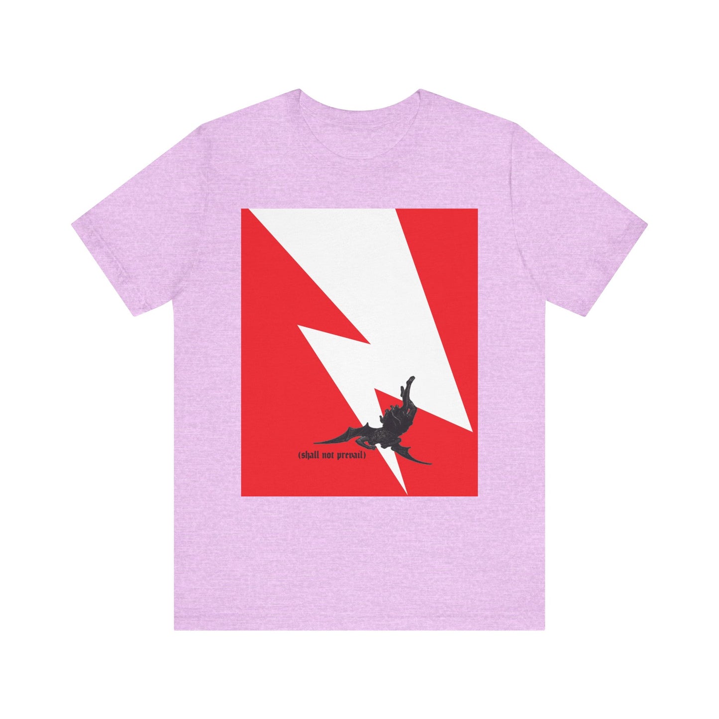 Heather Prism Lilac unisex cotton tee featuring a minimalist red and white lightning graphic with a black fallen angel, inspired by Luke 10:18 ("Satan fell from heaven like lightning"); text reads "shall not prevail.