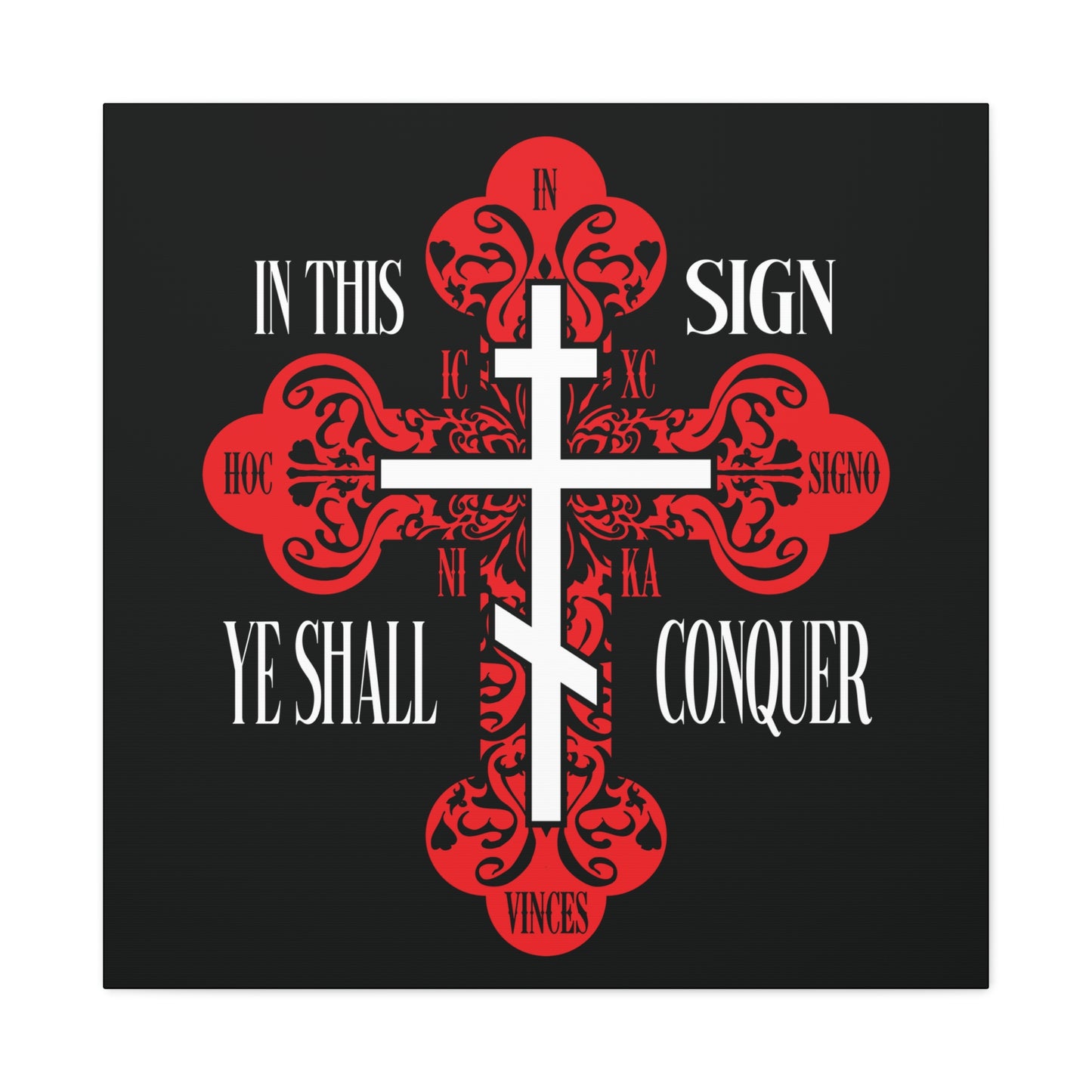 A red ornate Orthodox Holy Cross featuring "In This Sign Ye Shall Conquer" (ICXC NIKA) and "Jesus Christ Conquers," symbolizing spiritual warfare, on a black background. Christian wall art.