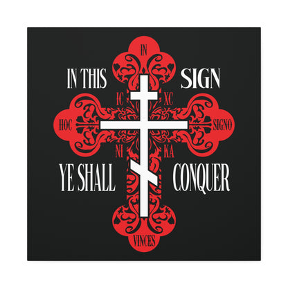 A red ornate Orthodox Holy Cross featuring "In This Sign Ye Shall Conquer" (ICXC NIKA) and "Jesus Christ Conquers," symbolizing spiritual warfare, on a black background. Christian wall art.