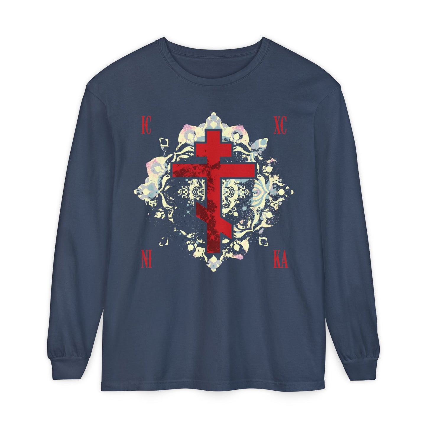 Midnight long sleeve featuring a textured red Orthodox cross with a medieval floral background and "ICXC NIKA Means Jesus Christ Conquers" design, inspired by Orthodox tradition.