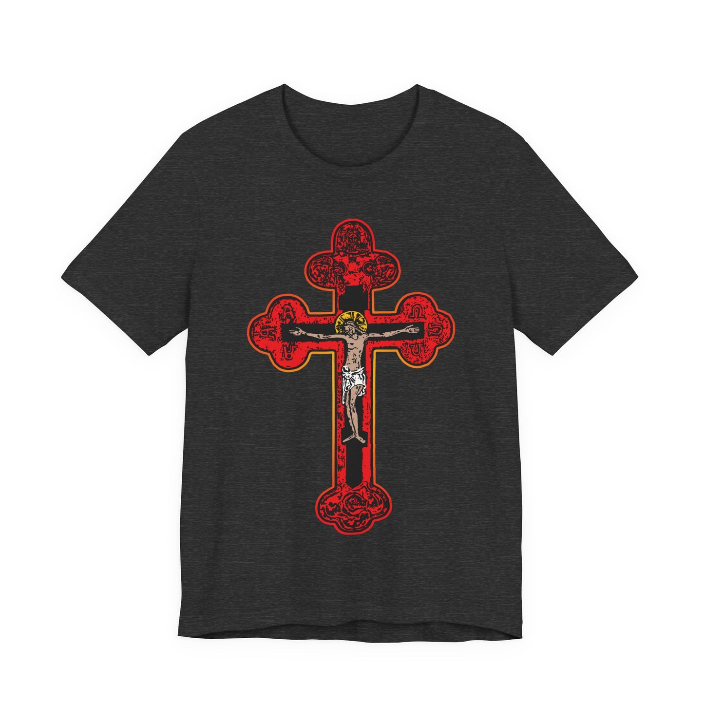 Dark Grey Heather unisex cotton tee featuring a large red Byzantine Golgotha Cross with Jesus at the center, Alpha & Omega symbols, and the message "I Am Crucified With Christ.