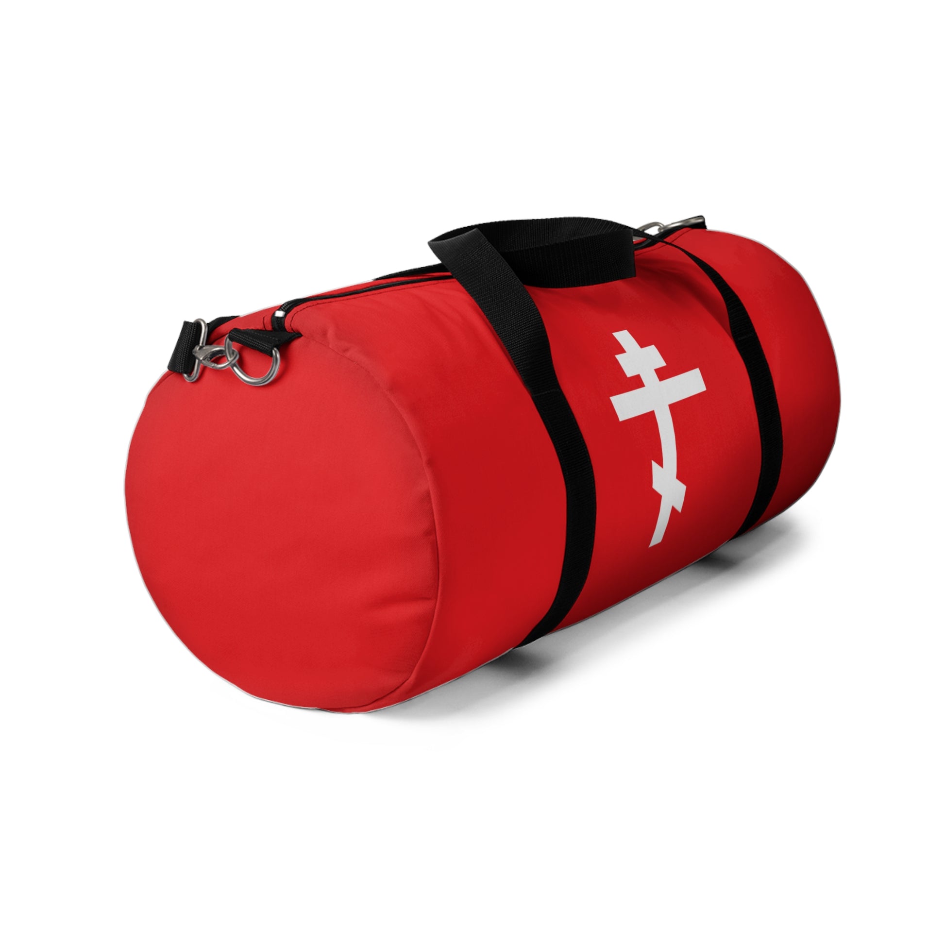 White Orthodox Cross Red Background Gym Duffel Bag featuring Gal 6:14: "May I never boast, except in the cross of our Lord Jesus Christ." Shown on a clean white background. Orthodox Christian design.