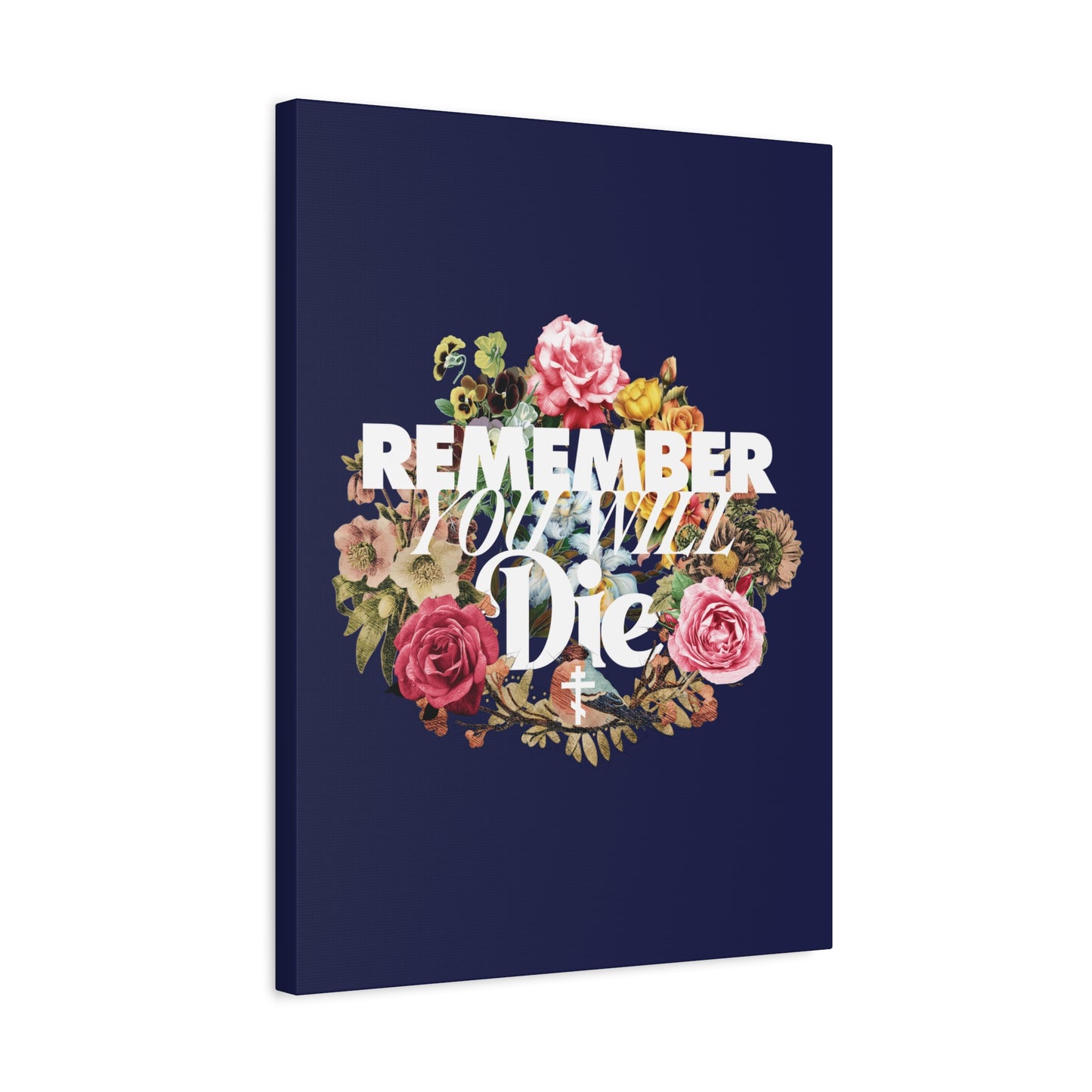 Navy canvas featuring "Remember You Will Die" in classic typography with a floral wreath and cross—a Memento Mori Orthodox Christian wall art that inspires reflection and cultivates the soul.