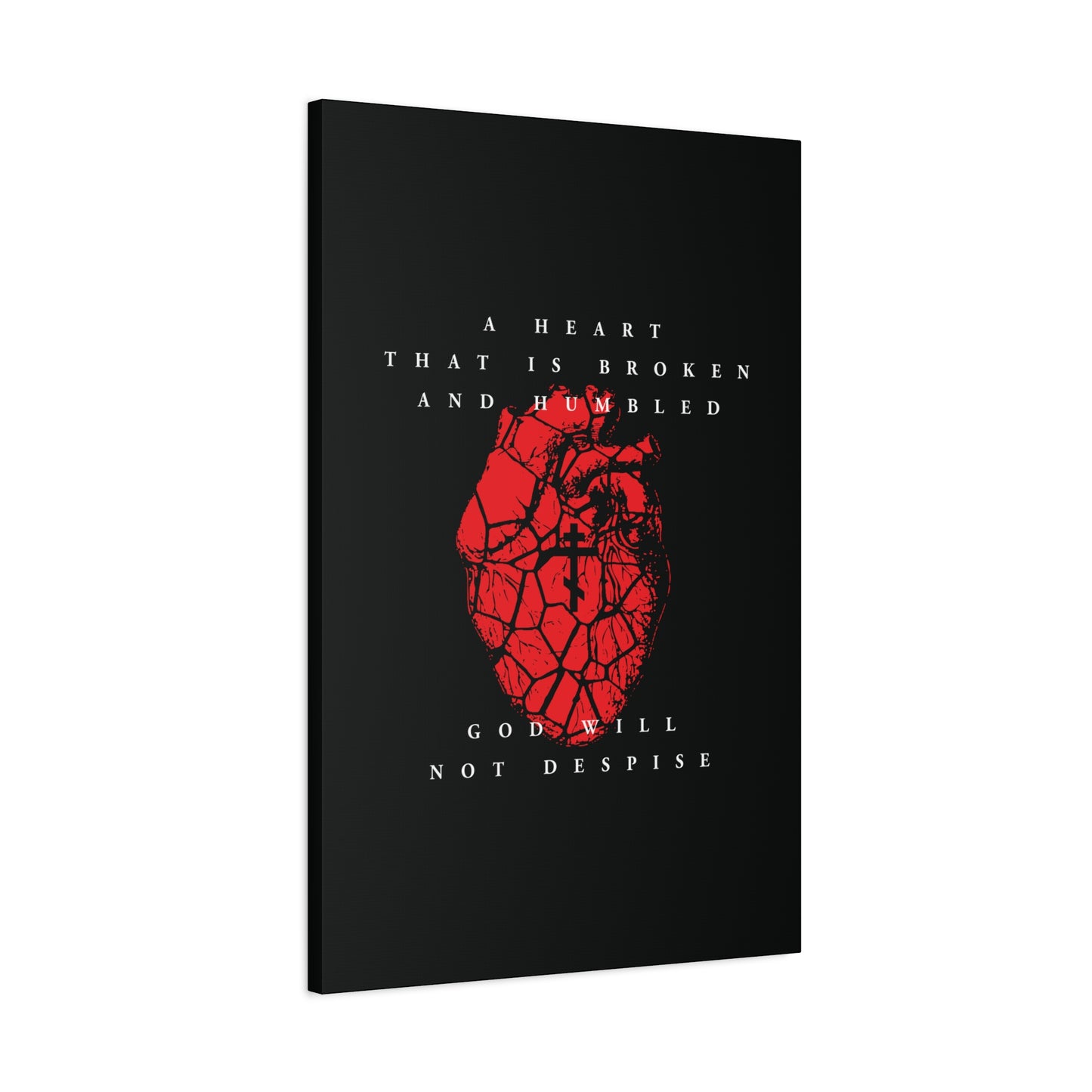A Heart That is Broken and Humbled God Will Not Despise Christian canvas art featuring a cracked heart with an Orthodox cross, inspired by repentance and Psalm 51.