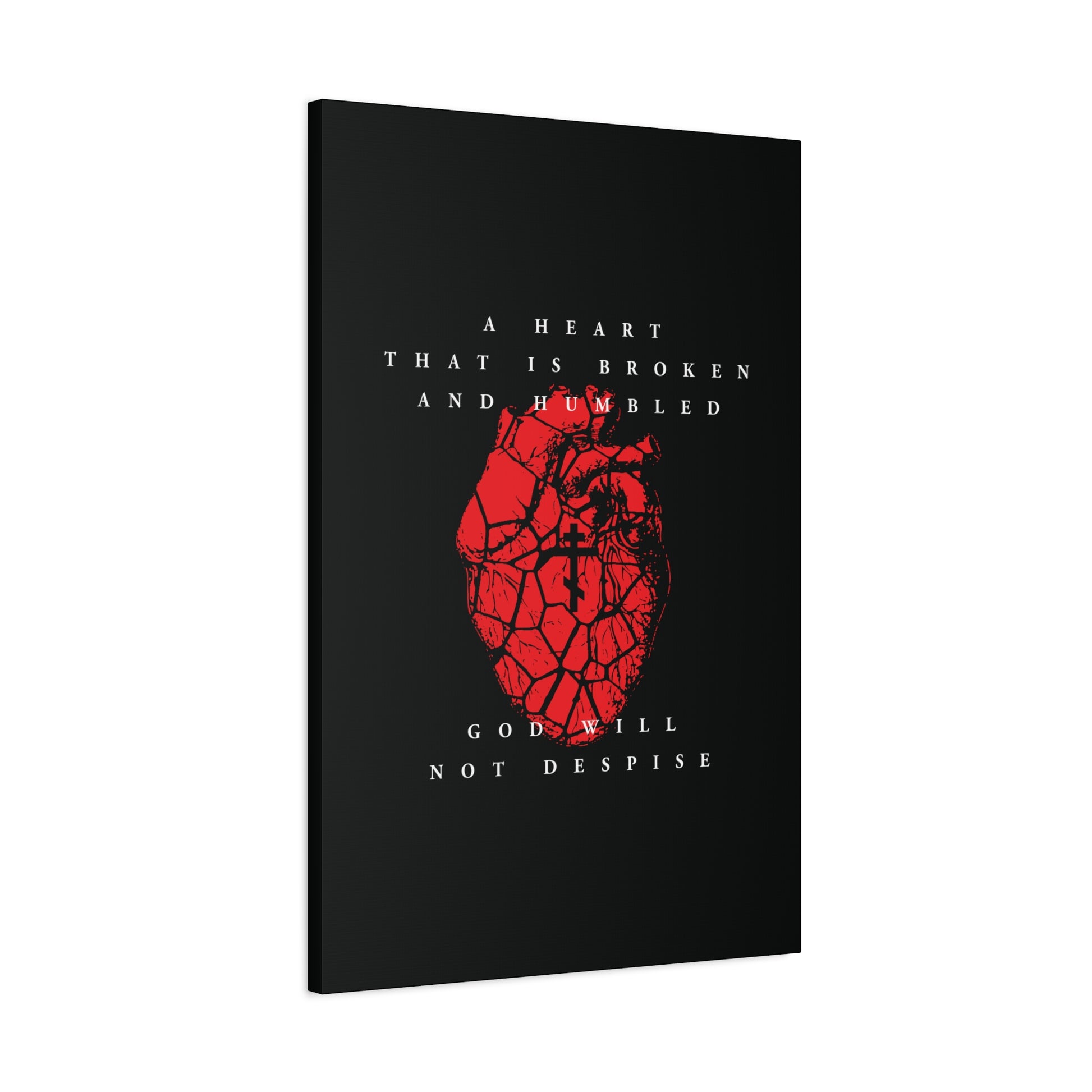 A Heart That is Broken and Humbled God Will Not Despise Christian canvas art featuring a cracked heart with an Orthodox cross, inspired by repentance and Psalm 51.