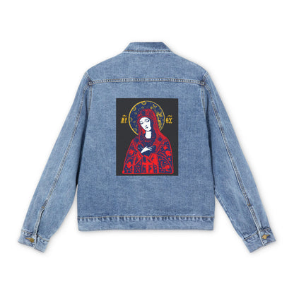 Joy of All Joys Tenderness Theotokos Iconographic Based on Traditional Orthodox Iconography | Red Design | Orthodox Christian Blue Denim Jacket