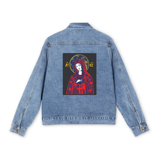 Joy of All Joys Tenderness Theotokos Iconographic Based on Traditional Orthodox Iconography | Red Design | Orthodox Christian Blue Denim Jacket