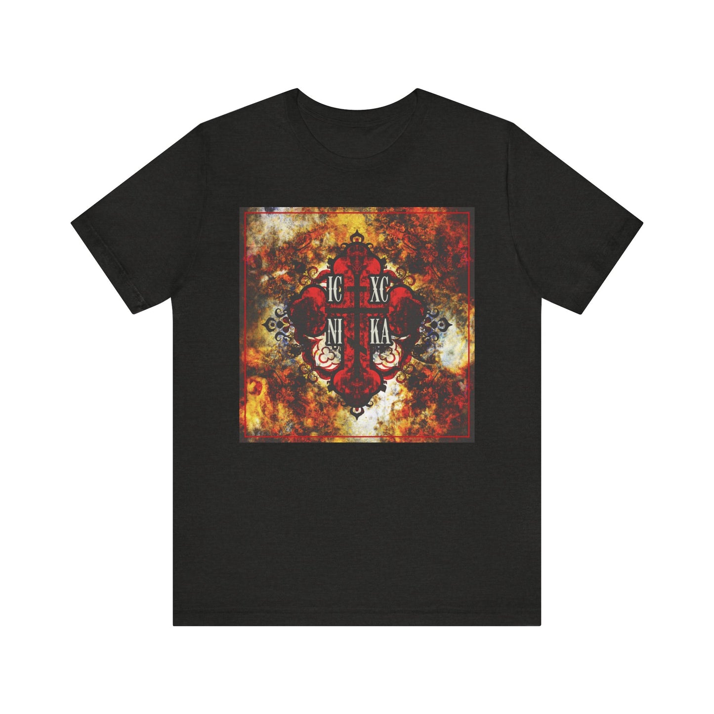 Black Heather "ICXC NIKA Bold Colorful Textured Red Orthodox Cross" Christian lightweight cotton unisex tee featuring a vibrant red ornate cross with Greek letters on a fiery textured background in the center, inspired by St Ambrose of Optina’s teachings to keep Jesus in your heart and guard against unclean thoughts.