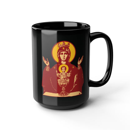 Black mug with Holy Theotokos IconoGraphic of the Inexhaustible Chalice—Deliverer from Addictions and Conqueror of Passions. Orthodox Christian design inspired by the Inexhaustible Cup.