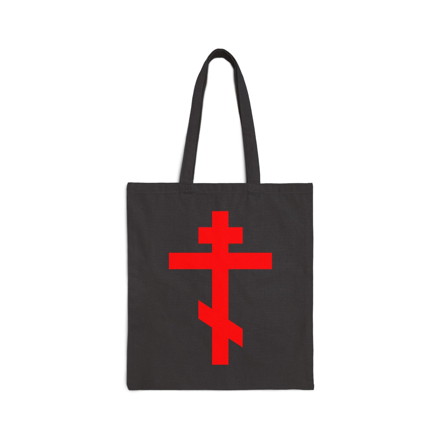 Black cotton tote bag featuring a bright red Orthodox cross and “Preserve Thy People By Thy Cross, O Lord.” Inspired by the devotion of St. John of Kronstadt.