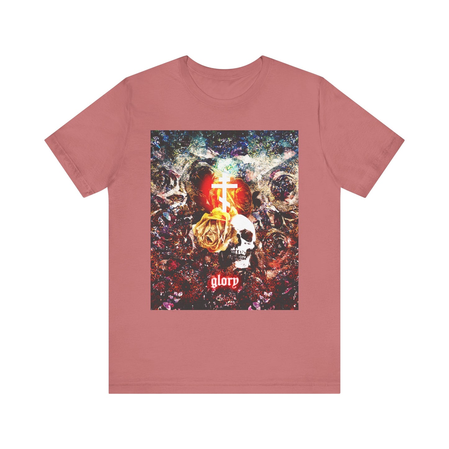 A mauve unisex tee titled "Now the Son of Man is Glorified (John 13:31)" features a striking skull, golden rose, flames, glowing cross, and the word "glorp" at the bottom—a dramatic design inspired by Orthodox Christian themes and the story of Jesus’ betrayal at the Last Supper.
