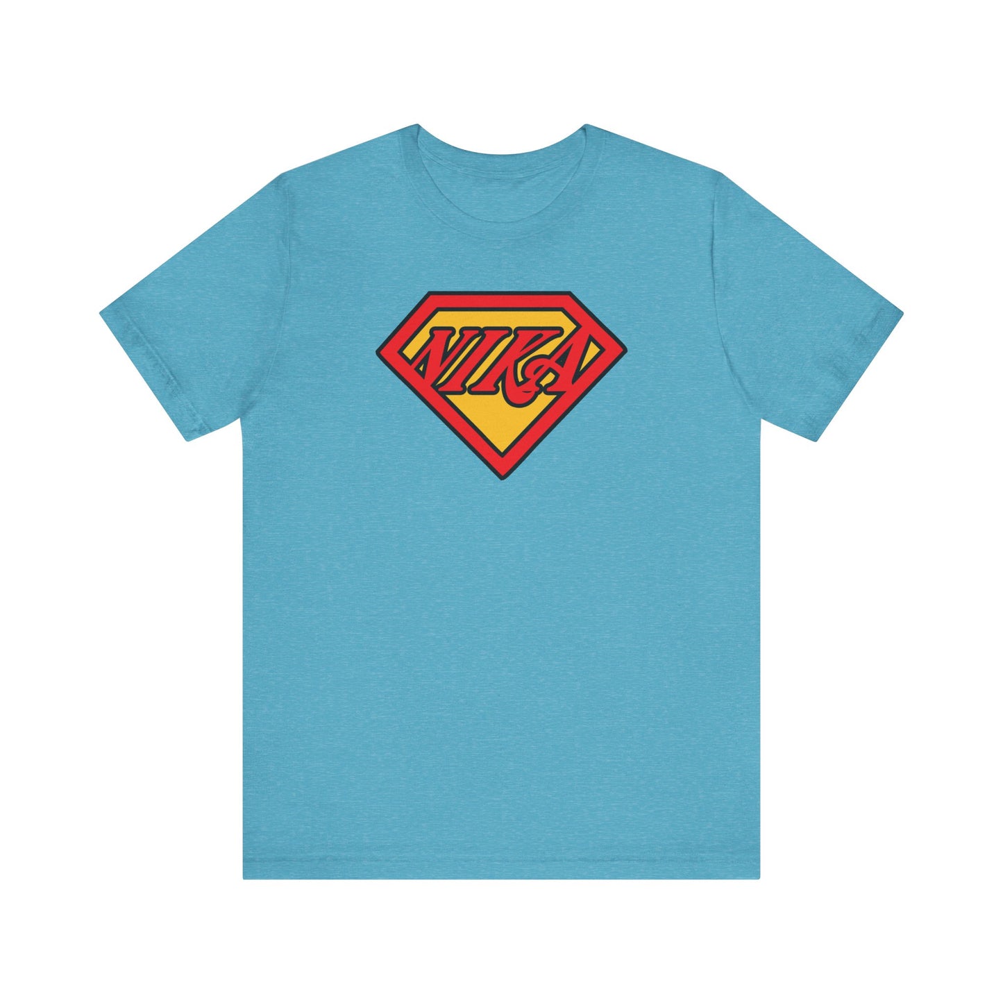 Heather aqua unisex tee featuring a red and yellow Superman-style NIKA logo in the center, inspired by the faith and strength of St. John of Kronstadt to conquer passions—a comic book pop culture Christian mashup.