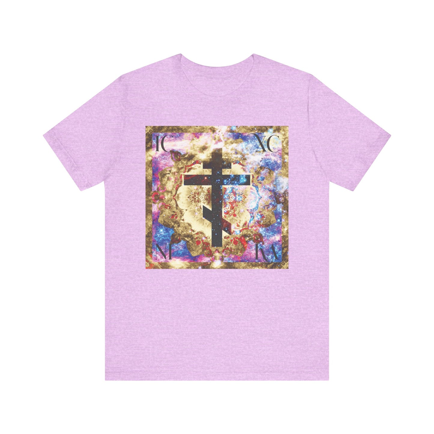 ICXC NIKA Gold & Blue Colorful Cosmic Textured Cross Orthodox Christian Lightweight Cotton Unisex T-Shirt in Heather Prism Lilac, featuring a vibrant, ornate design with a large gold and blue Orthodox cross at the center—symbolizing the power of the Cross for deliverance from evil and inspired by St. John of Kronstadt.