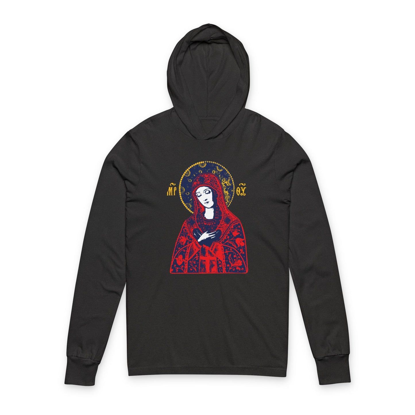 Joy of All Joys Tenderness Theotokos Iconographic Based on Traditional Orthodox Iconography | Red Design | Orthodox Long Sleeve Hooded Shirt