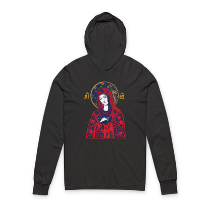Joy of All Joys Tenderness Theotokos Iconographic Based on Traditional Orthodox Iconography | Red Design | Orthodox Long Sleeve Hooded Shirt