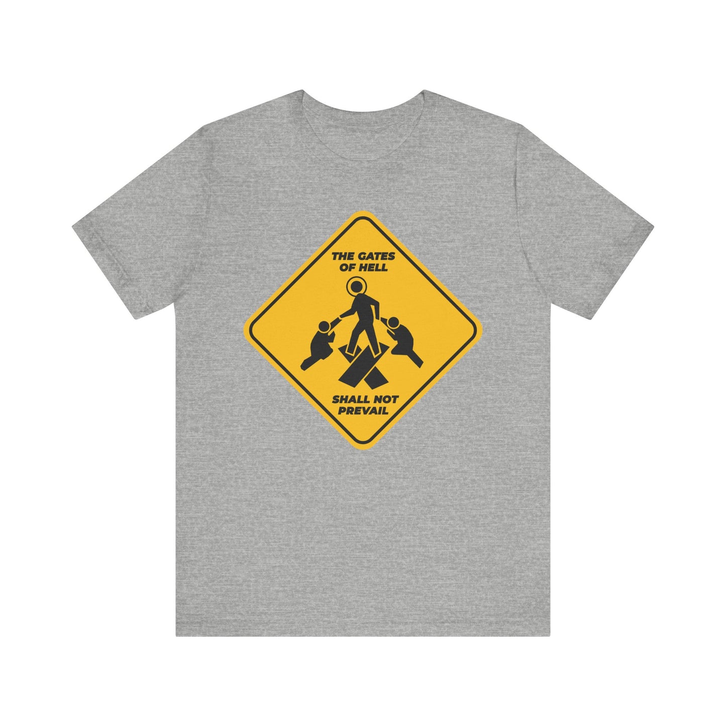 Athletic Heather tee with a yellow street sign graphic reading "The Gates of Hell Shall Not Prevail" and stick figures, inspired by Isaiah 45:2-3. Lightweight cotton unisex fit; minimalist Pascha icon design.