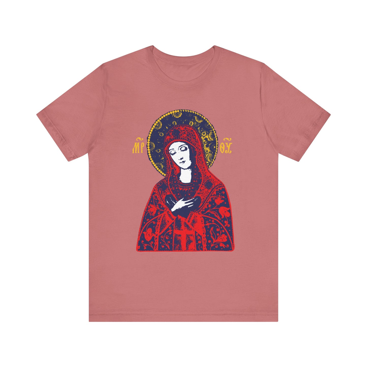 Mauve Joy of All Joys Tenderness Theotokos t-shirt, inspired by traditional Orthodox iconography, features the Theotokos in red and blue robes with halo and yellow letters. Lightweight cotton unisex Christian tee.