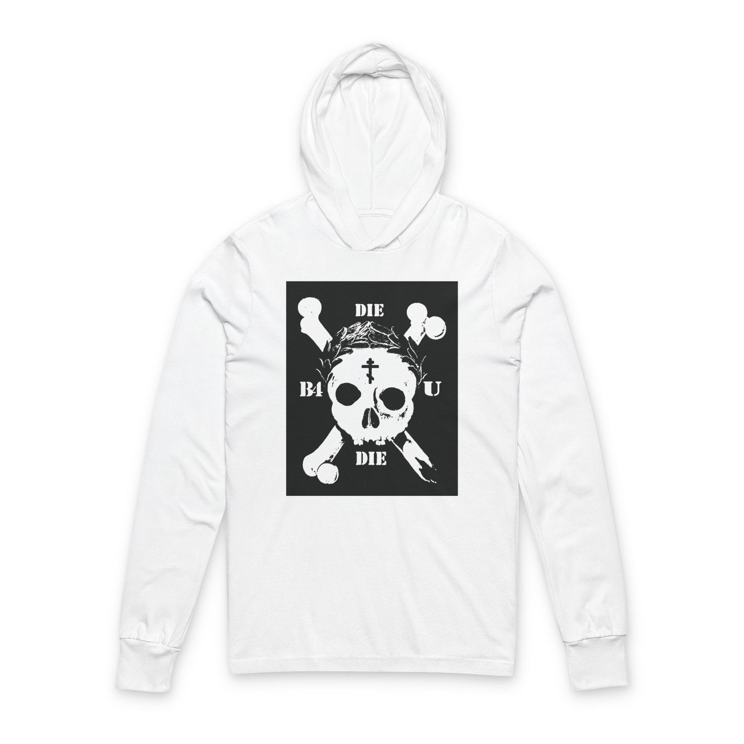 White “Die Before You Die” hoodie with retro skull & crossbones, Orthodox cross, and laurel victory wreath graphic—an ascetic Christian design inspired by Matthew 16:24-25.