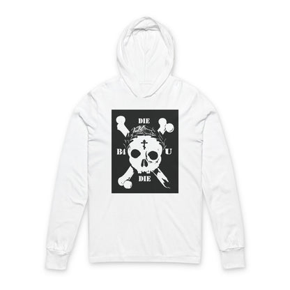 White “Die Before You Die” hoodie with retro skull & crossbones, Orthodox cross, and laurel victory wreath graphic—an ascetic Christian design inspired by Matthew 16:24-25.